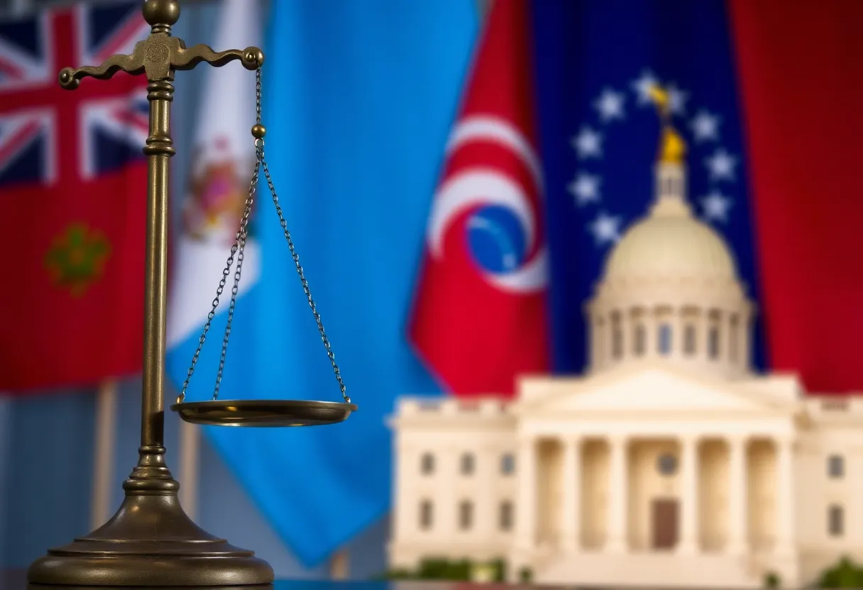 Representation of a courtroom with scales of justice and state flags.