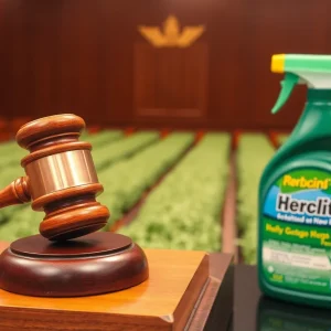 Courtroom gavel and herbicide bottle