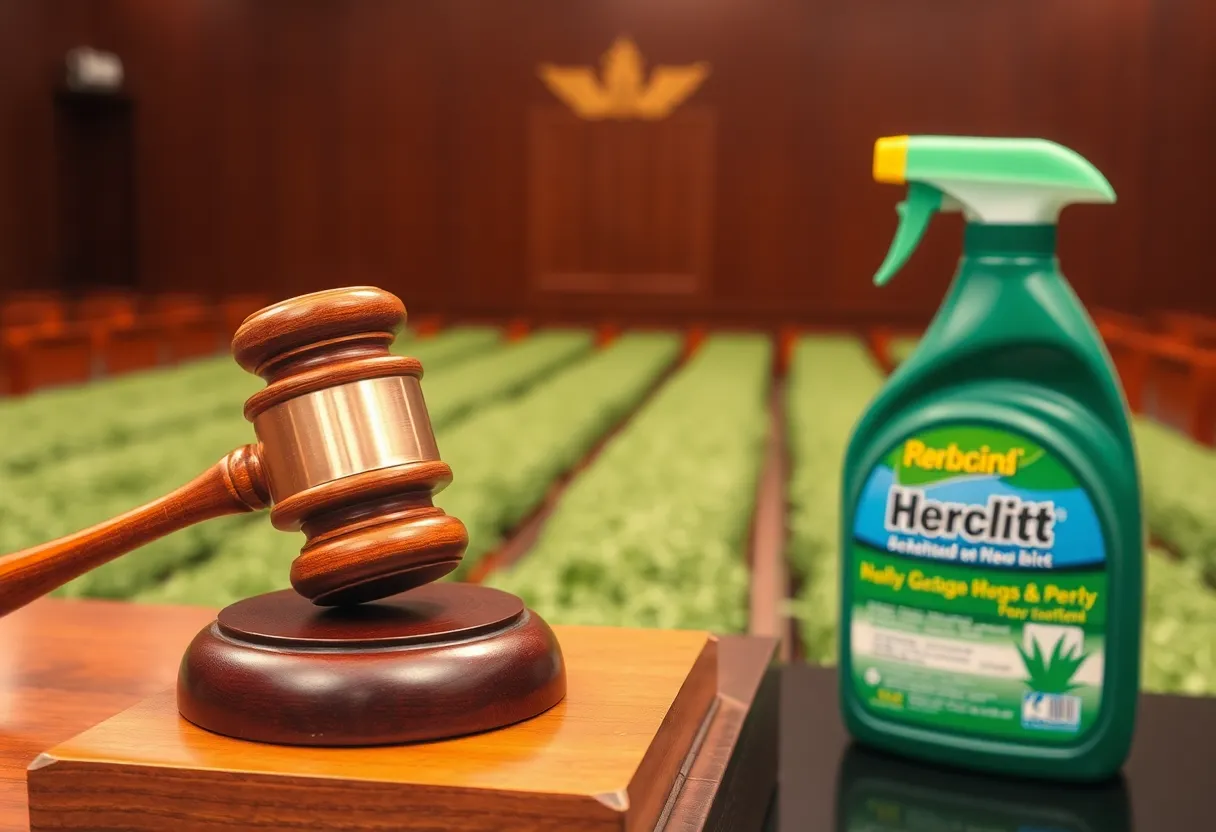 Courtroom gavel and herbicide bottle