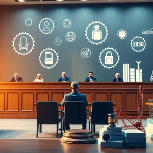 Judges discussing patent law in a courtroom