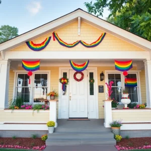 Colorful Pride decorations on a Craftsman home in Detroit