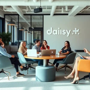 Team members of Daisy engaged in a brainstorming session in their Nashville office