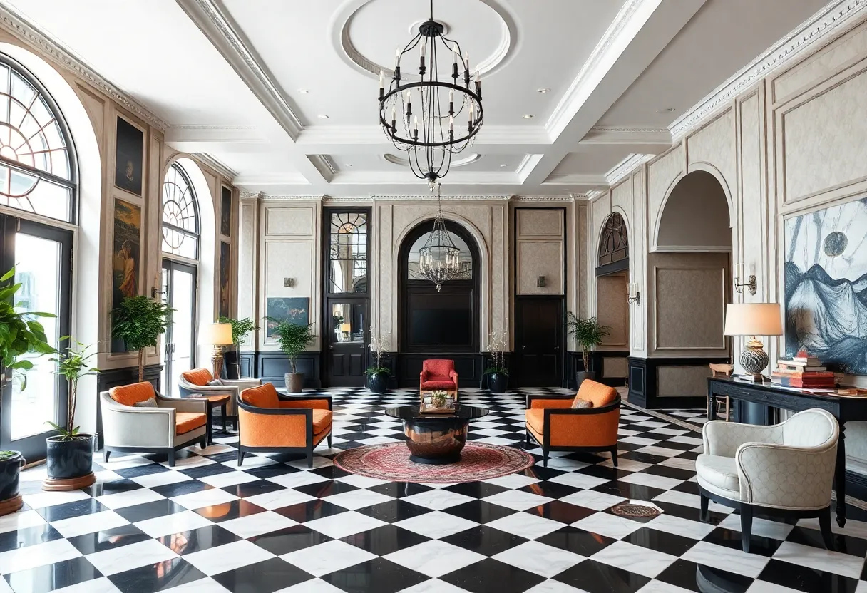 Lobby of the Dearborn Inn featuring a blend of vintage and modern design