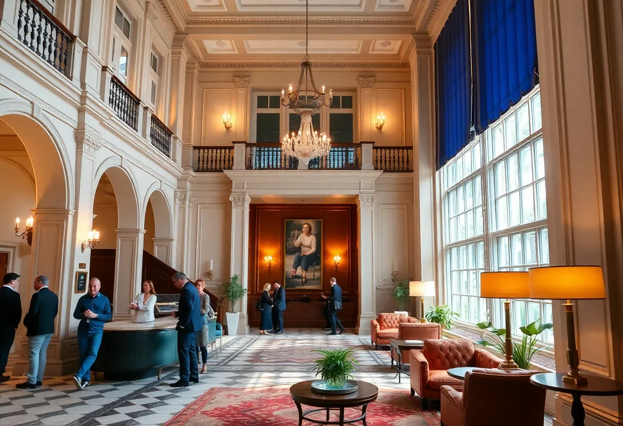 The lobby of the renovated Dearborn Inn featuring Georgian architecture