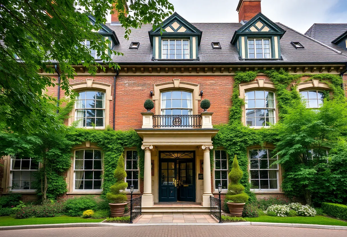 Exterior view of the renovated Dearborn Inn showcasing its Georgian architecture.