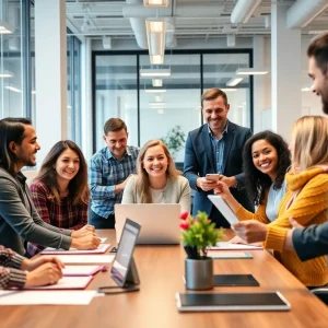 Group of employees working together in a modern office