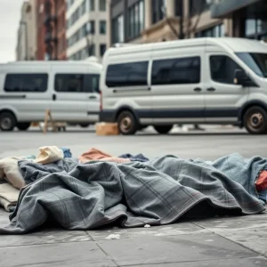 A van parked on a cold city street symbolizing homelessness.