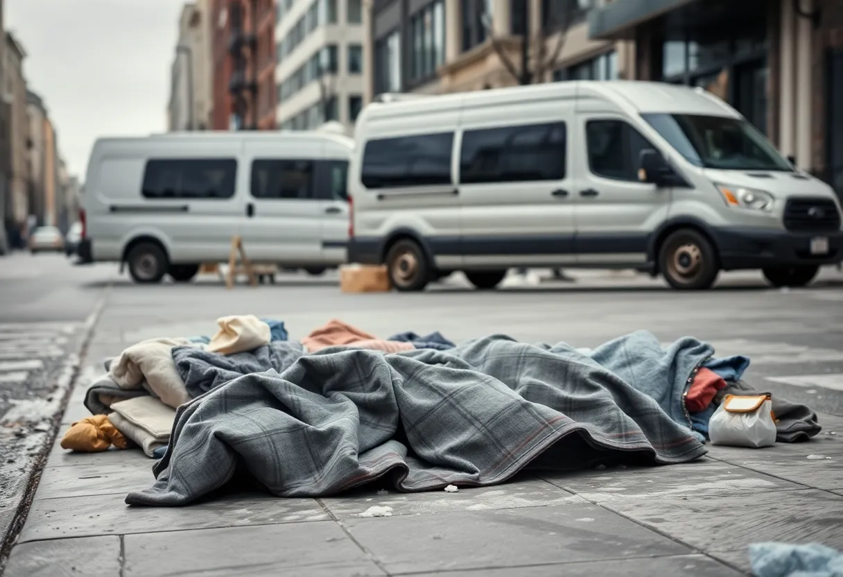 A van parked on a cold city street symbolizing homelessness.