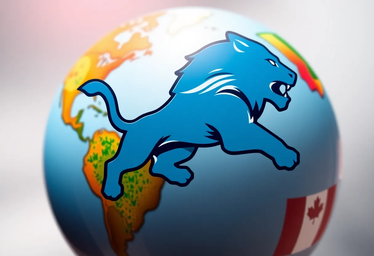 Detroit Lions logo with a globe highlighting their global marketing rights