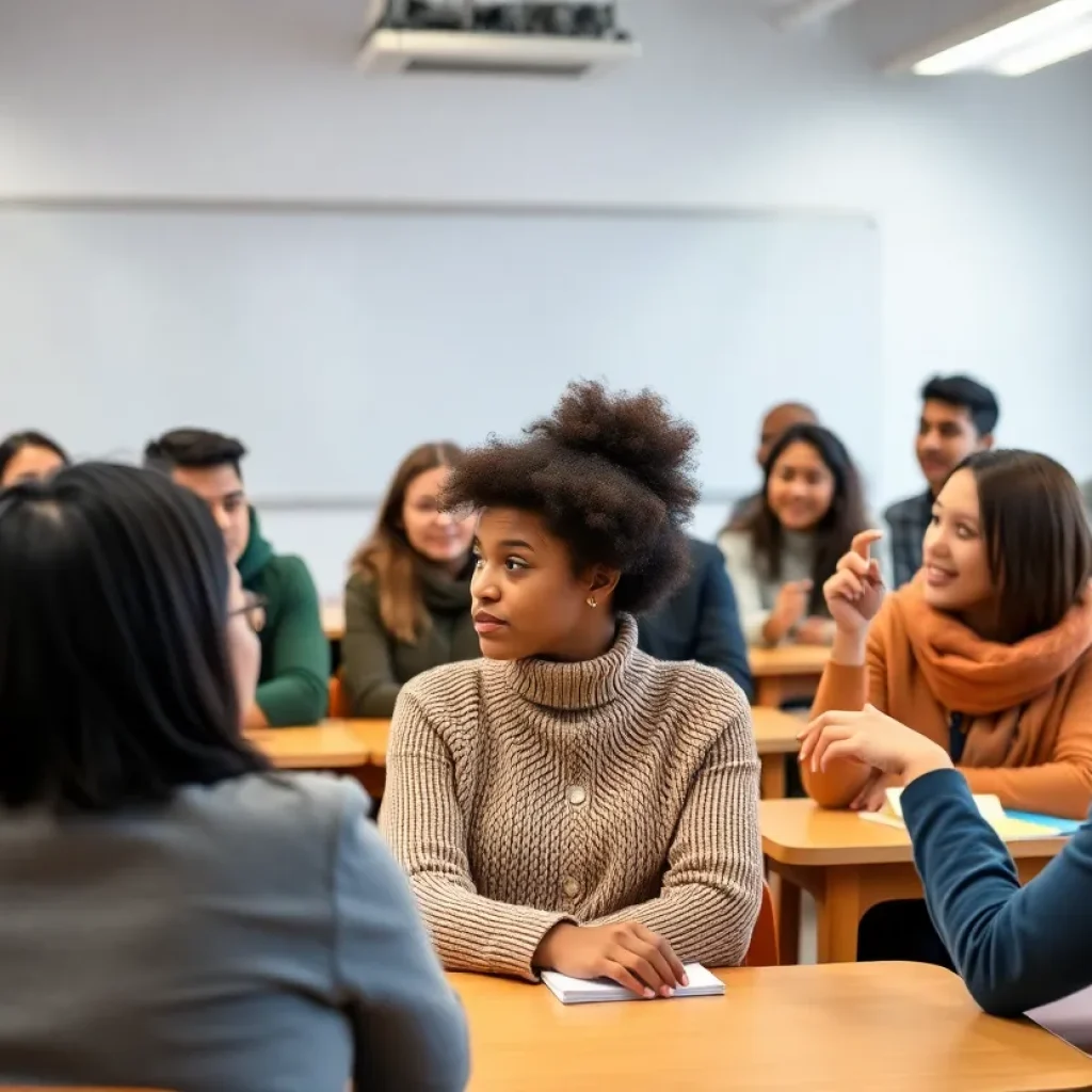 Students of various backgrounds discussing inclusivity in a classroom