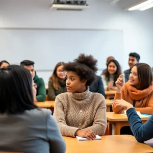 Students of various backgrounds discussing inclusivity in a classroom