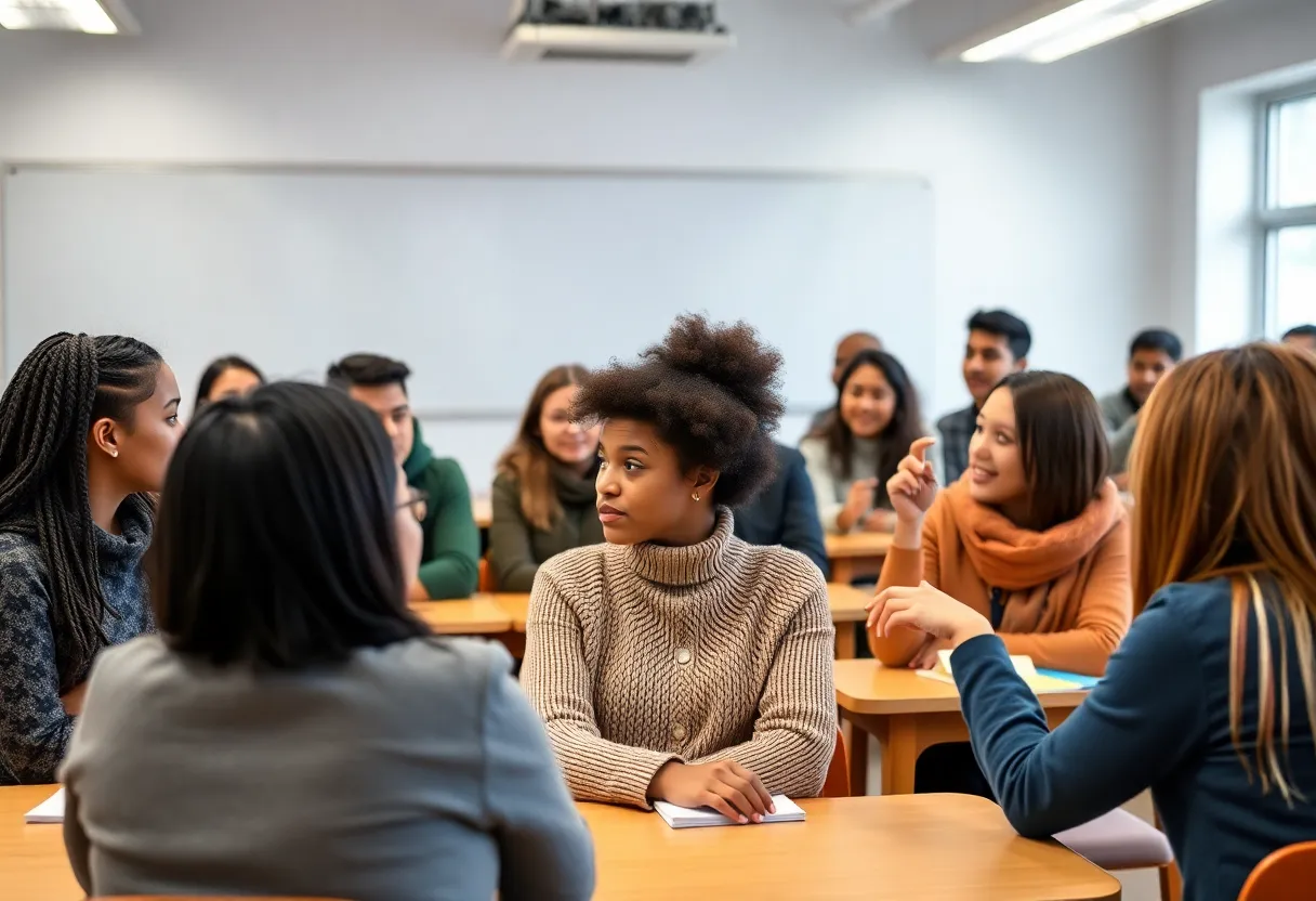 Students of various backgrounds discussing inclusivity in a classroom