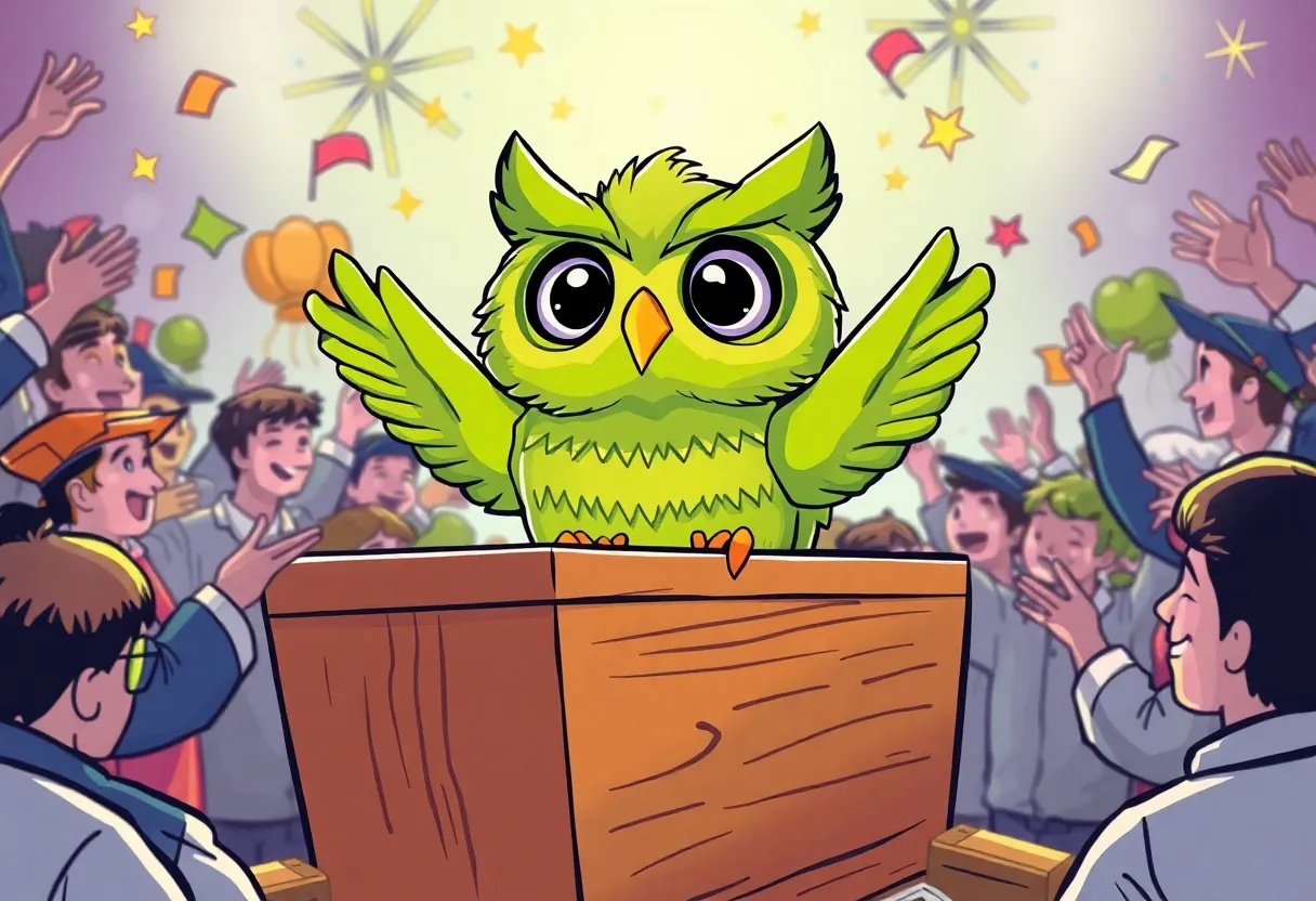 Illustration of Duo the owl rising from a coffin with fans celebrating.