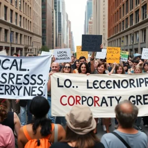 Participants in an economic boycott holding signs supporting local businesses