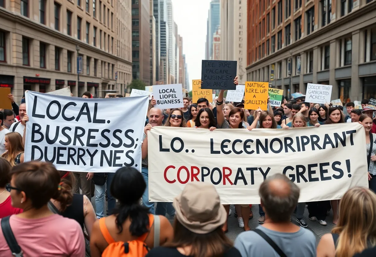 Participants in an economic boycott holding signs supporting local businesses