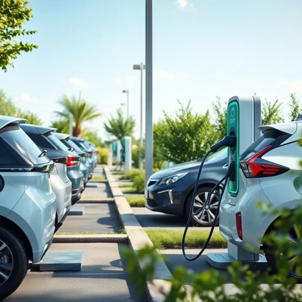 Electric vehicles at a charging station in a sustainable setting