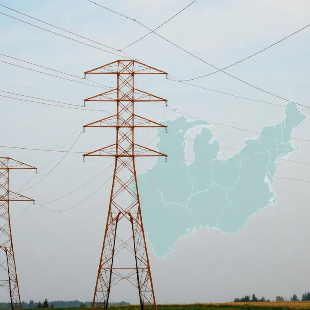 Illustration showing electricity pylons and energy flow between Ontario and the U.S. states.