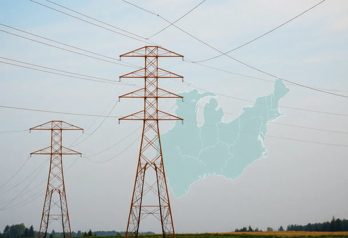 Illustration showing electricity pylons and energy flow between Ontario and the U.S. states.