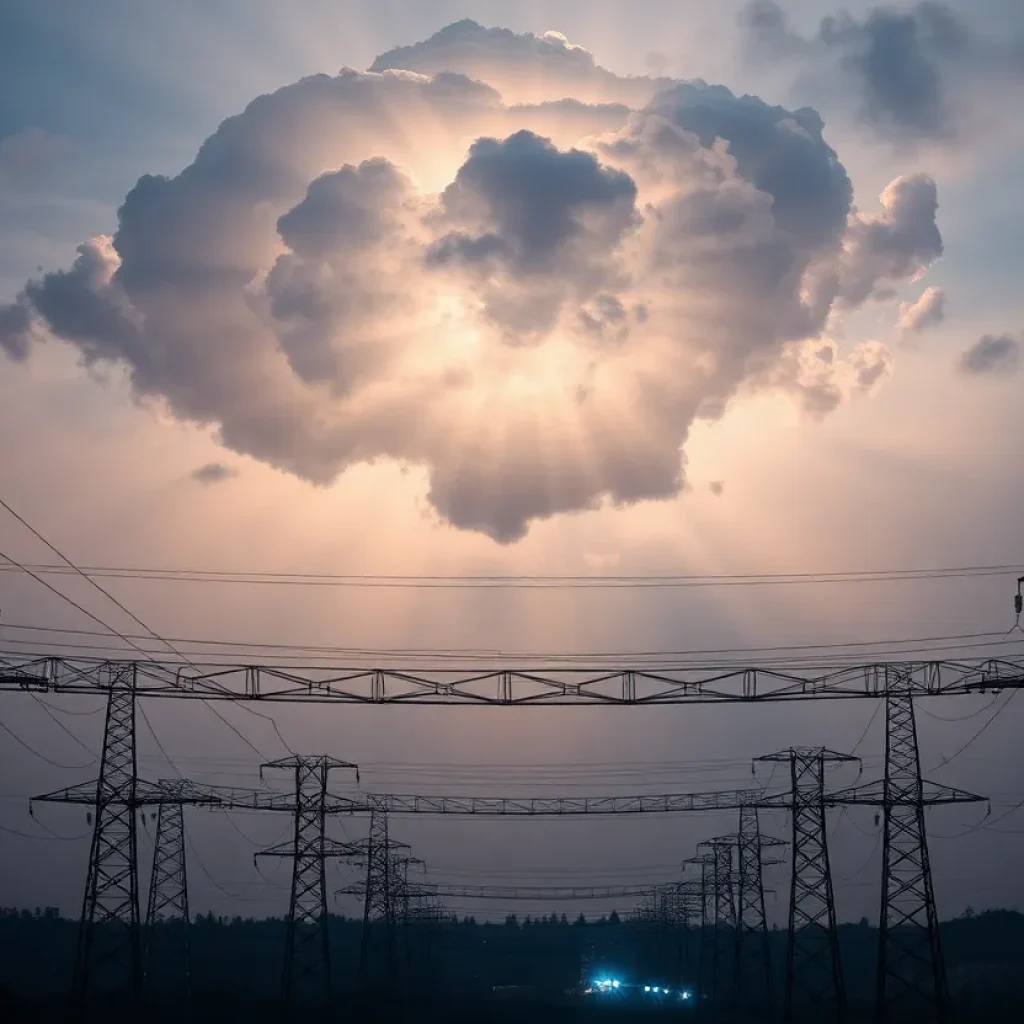 Electricity transmission lines against a dramatic sky