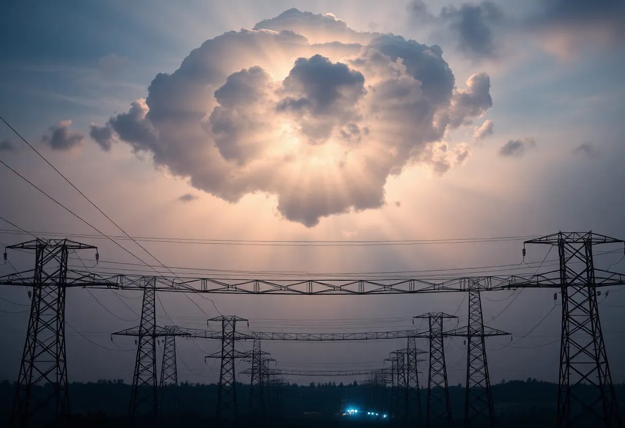 Electricity transmission lines against a dramatic sky