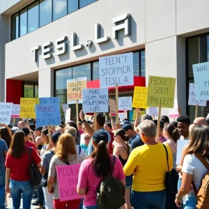 Protesters with signs in front of a Tesla showroom