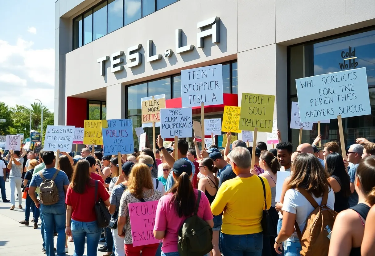 Protesters with signs in front of a Tesla showroom