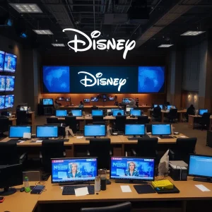 Newsroom with empty desks and a Disney logo in the background