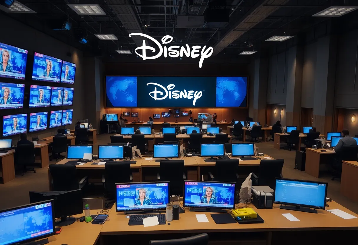 Newsroom with empty desks and a Disney logo in the background