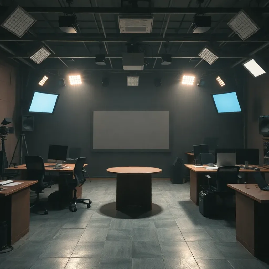 Empty desks in a news broadcasting station