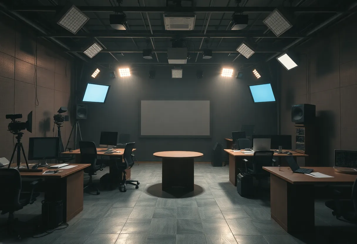 Empty desks in a news broadcasting station