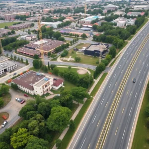 Aerial view of Five Mile Road with ongoing developments.