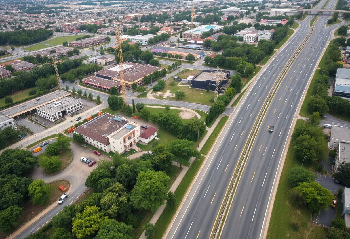 Aerial view of Five Mile Road with ongoing developments.