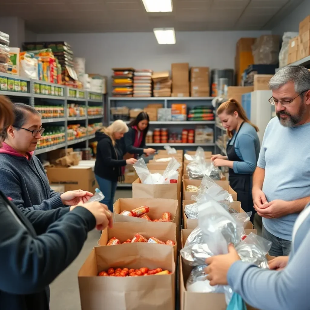 Volunteers packing food at a community food bank in Michigan.