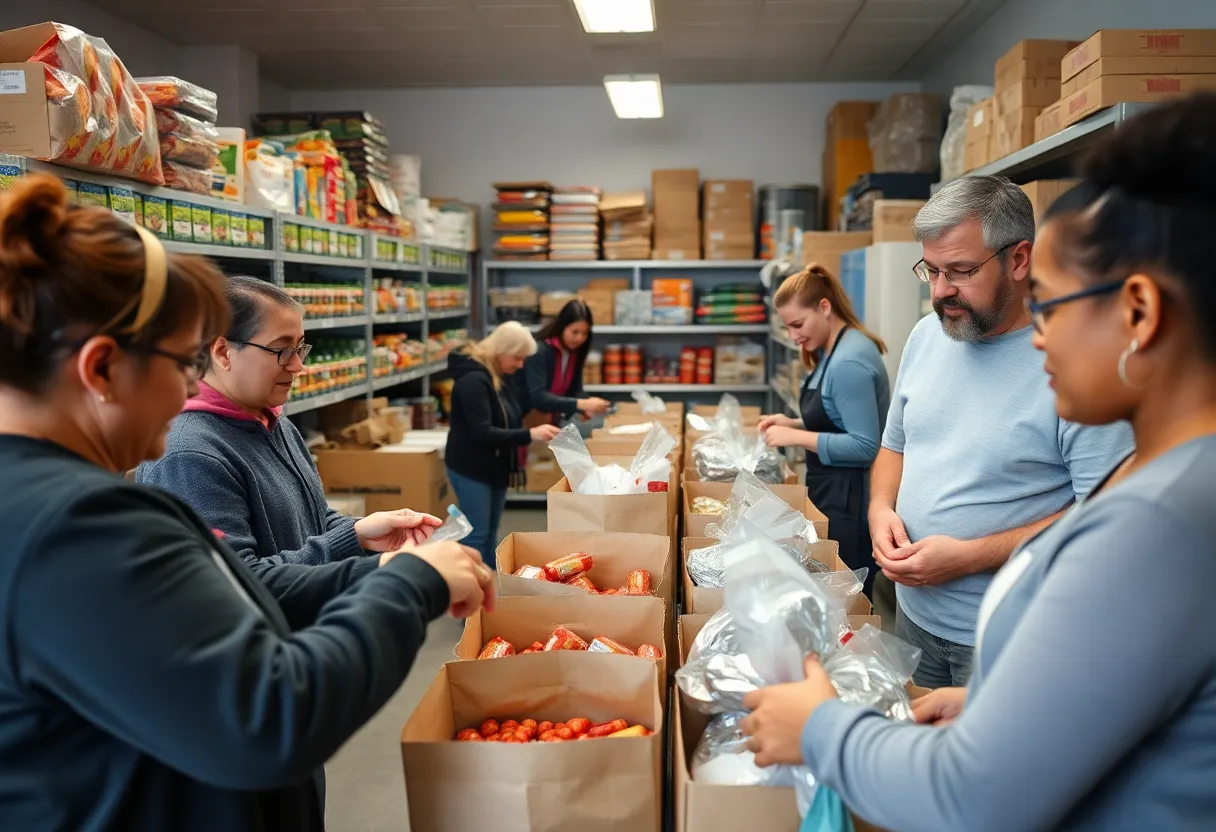 Volunteers packing food at a community food bank in Michigan.