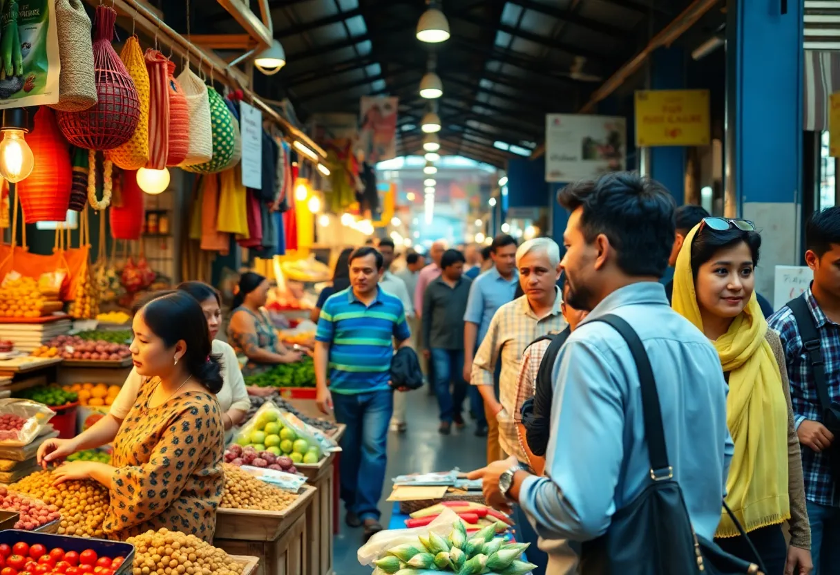 A vibrant scene of buyers and sellers in an open market, illustrating the principles of a free market.