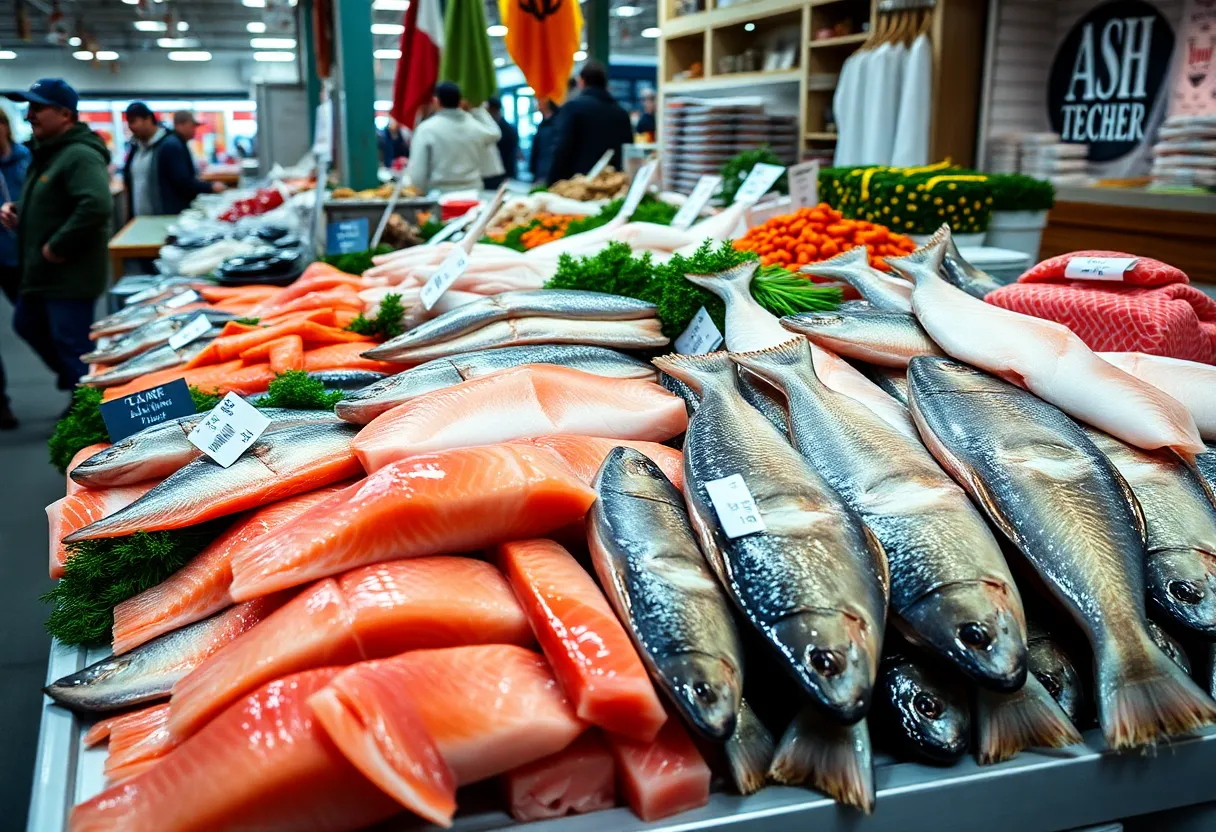 Display of fresh wild Alaska salmon and halibut at a market.