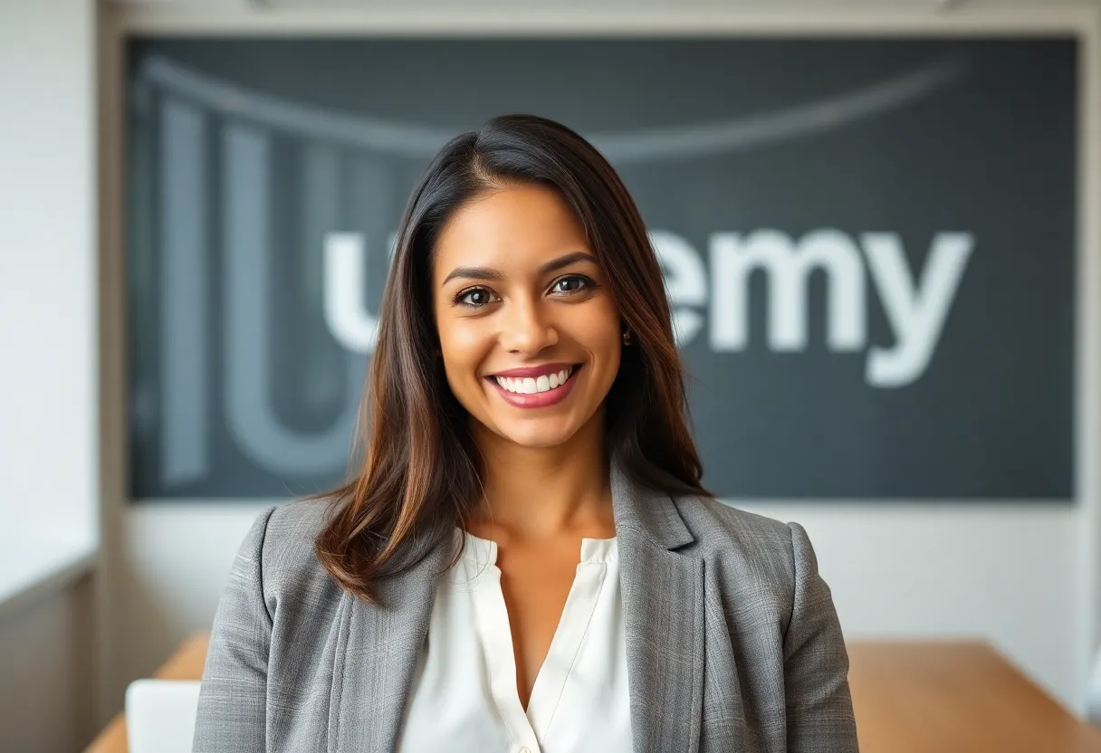 Genefa Murphy, Chief Marketing Officer at Udemy, smiling in her office