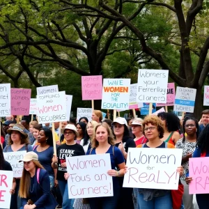 Crowd at Grand Rapids rally celebrating International Women's Day with signs.