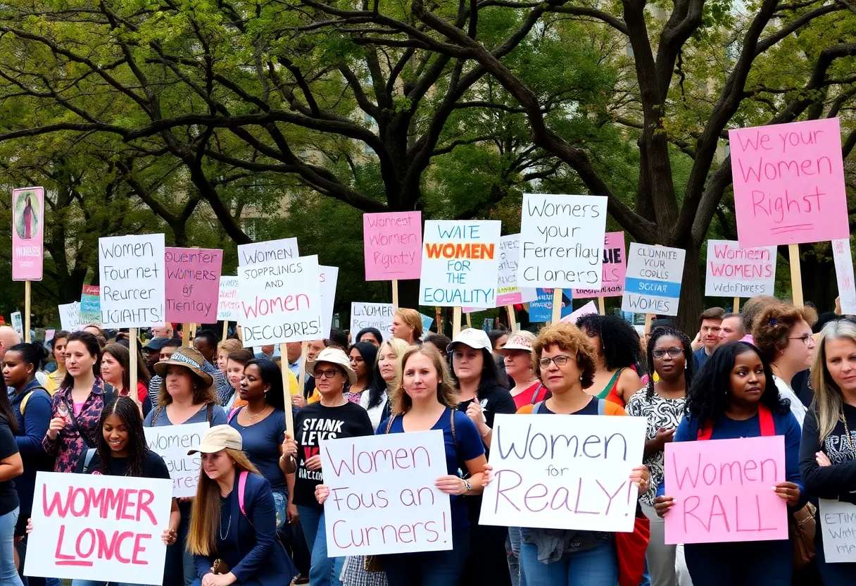 Crowd at Grand Rapids rally celebrating International Women's Day with signs.