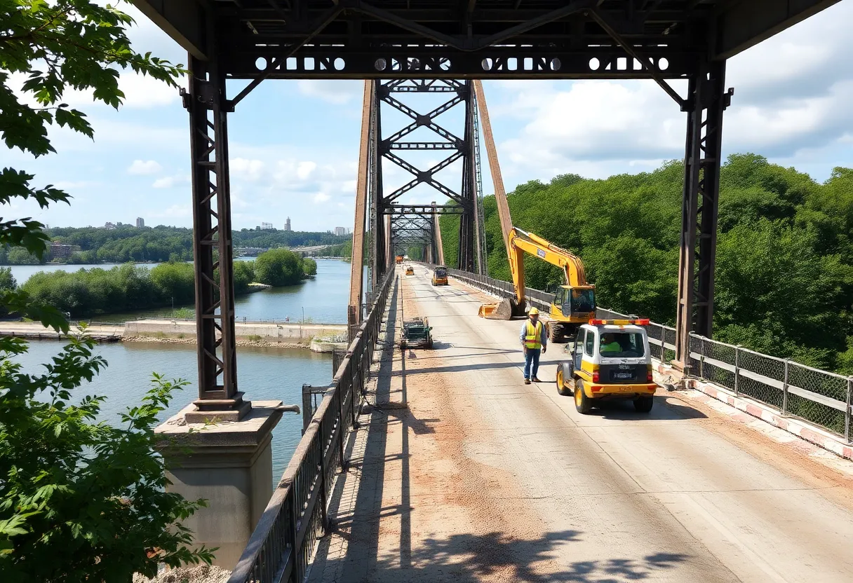 Construction workers at the historic Grosse Ile toll bridge renovation site.