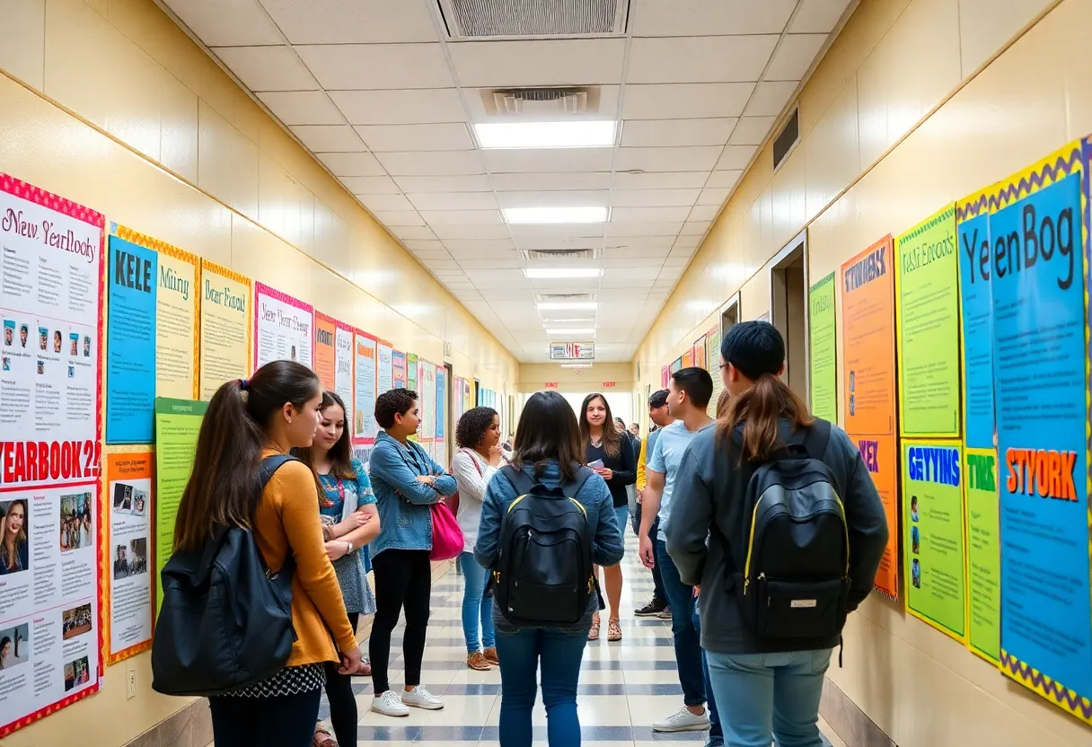 Students engaged in creating posters for yearbook sales in a school hallway.