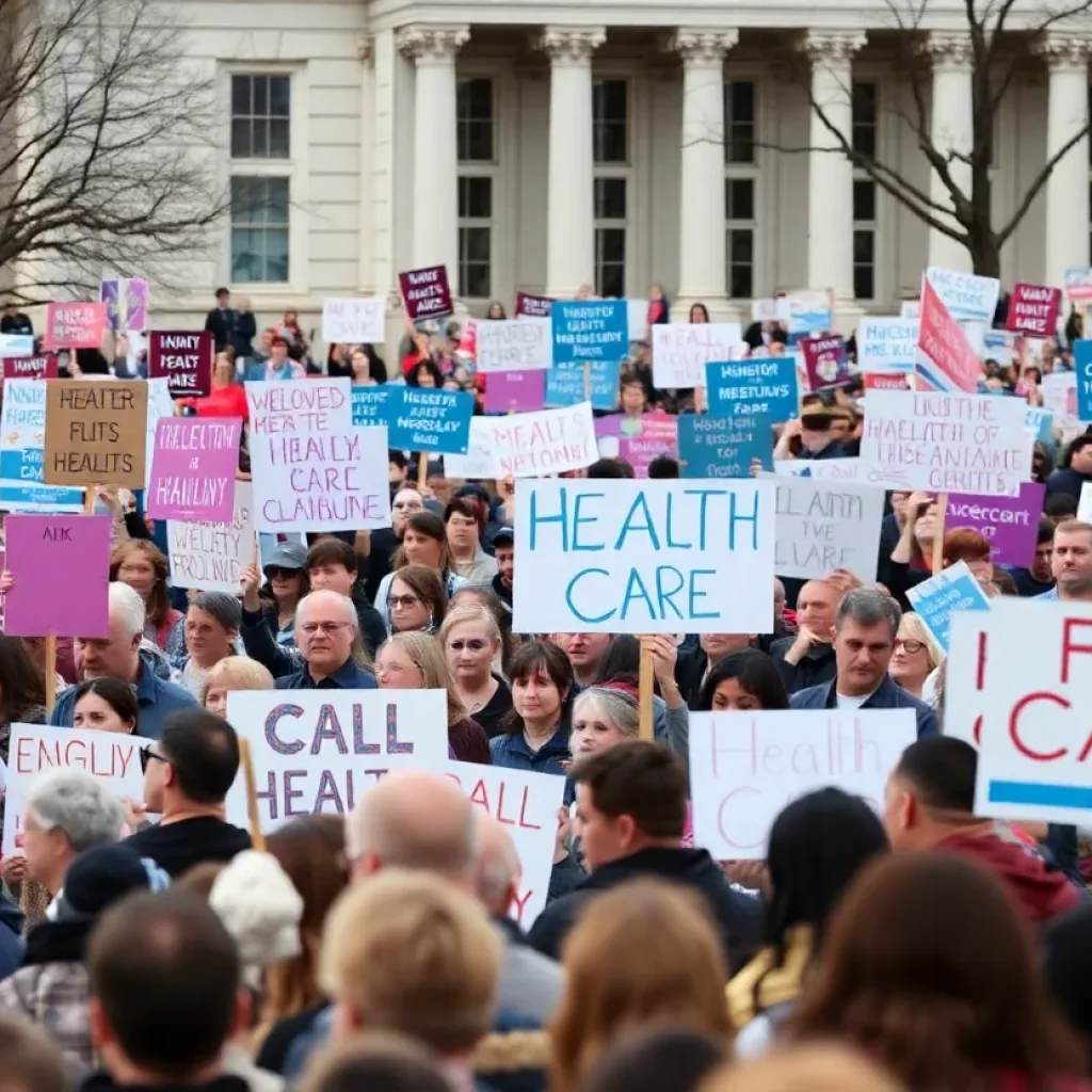 Crowd rallying for health care rights