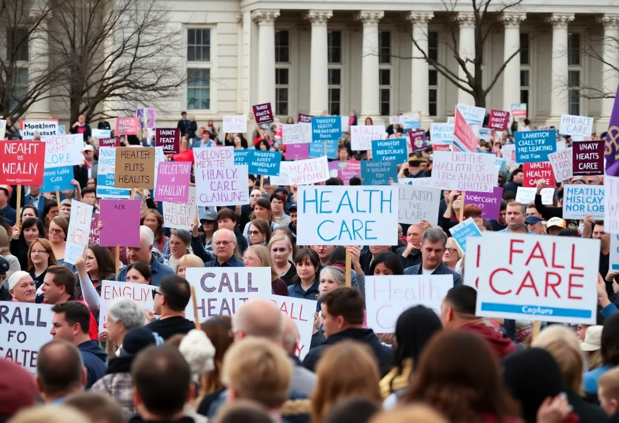 Crowd rallying for health care rights