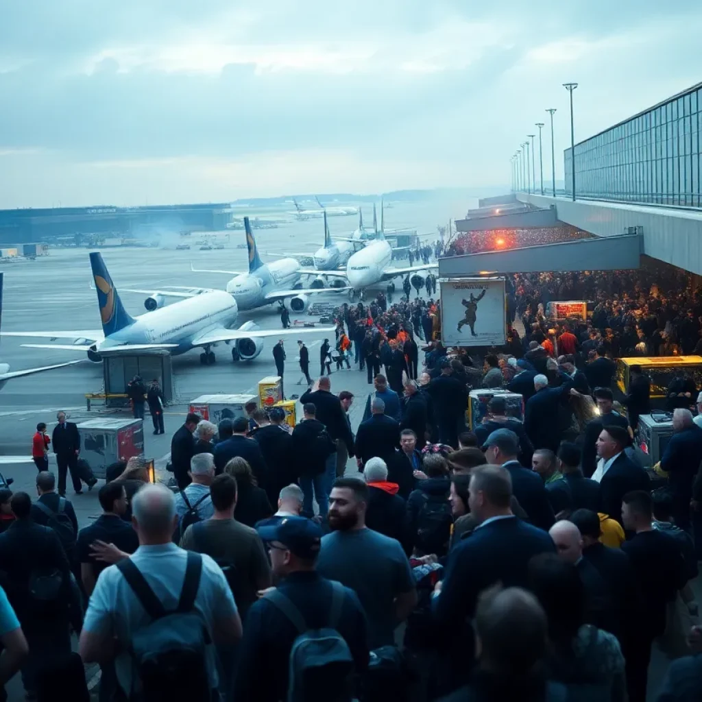 A chaotic scene at Heathrow Airport with passengers waiting amidst grounded flights.