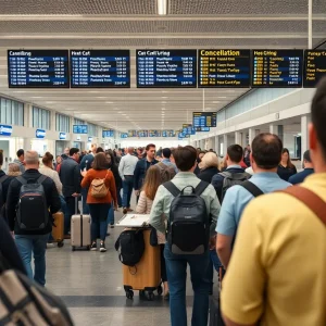 A chaotic scene at Heathrow Airport with passengers waiting amidst grounded flights.