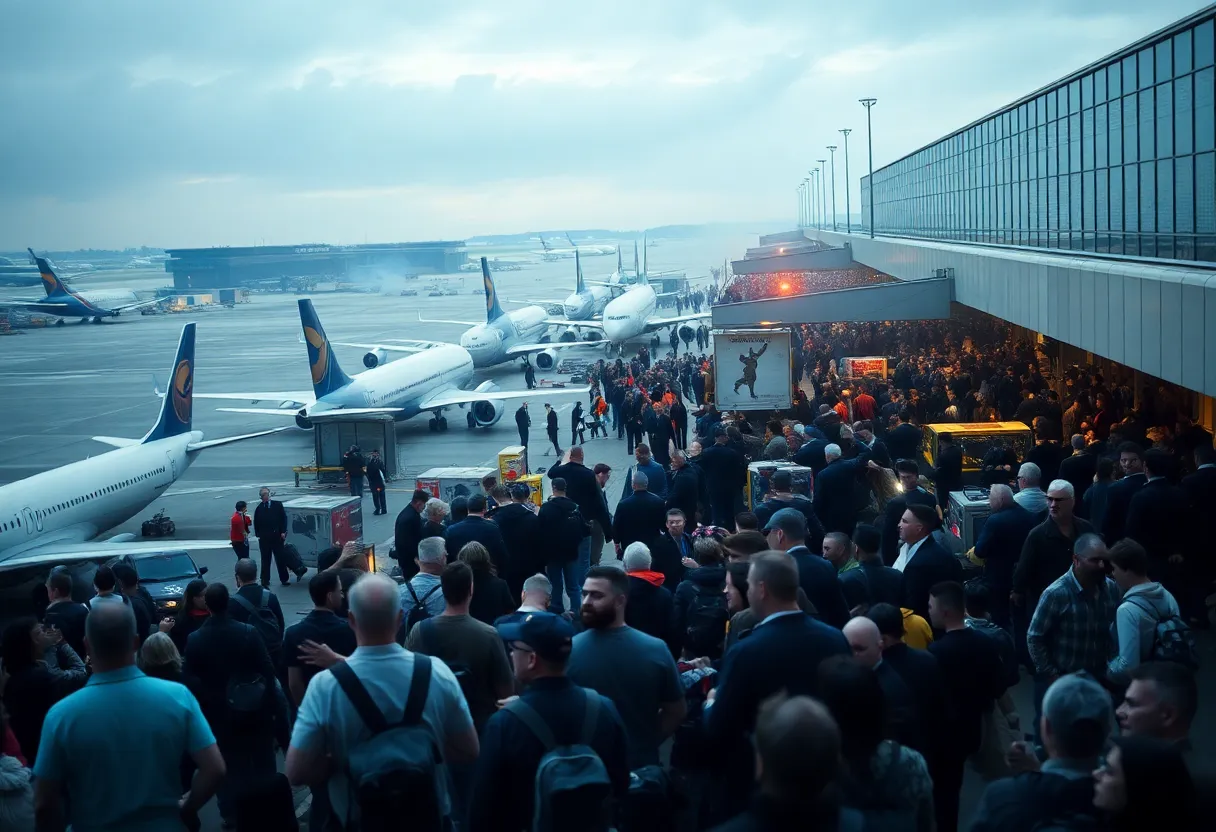 Crowded Heathrow Airport terminal amidst flight cancellations