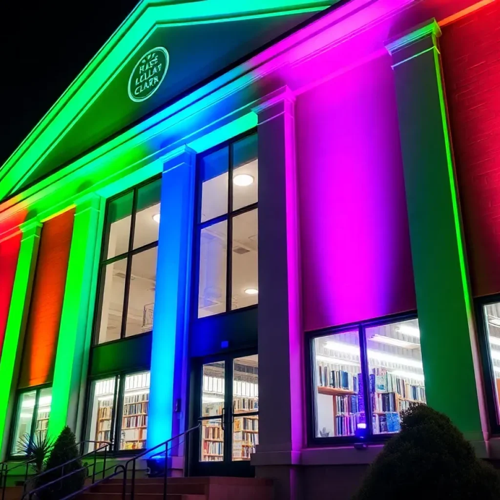 Hesburgh Library glowing with colored lights for Rare Disease Day