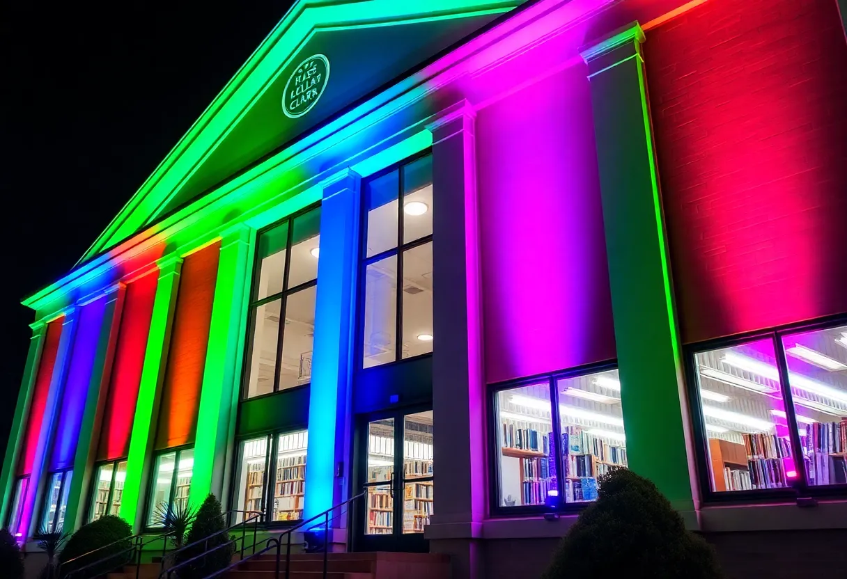 Hesburgh Library glowing with colored lights for Rare Disease Day