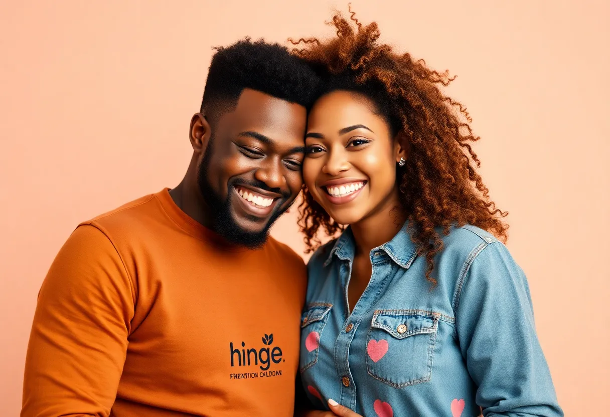 Couples celebrating their love stories with Hinge app branding.