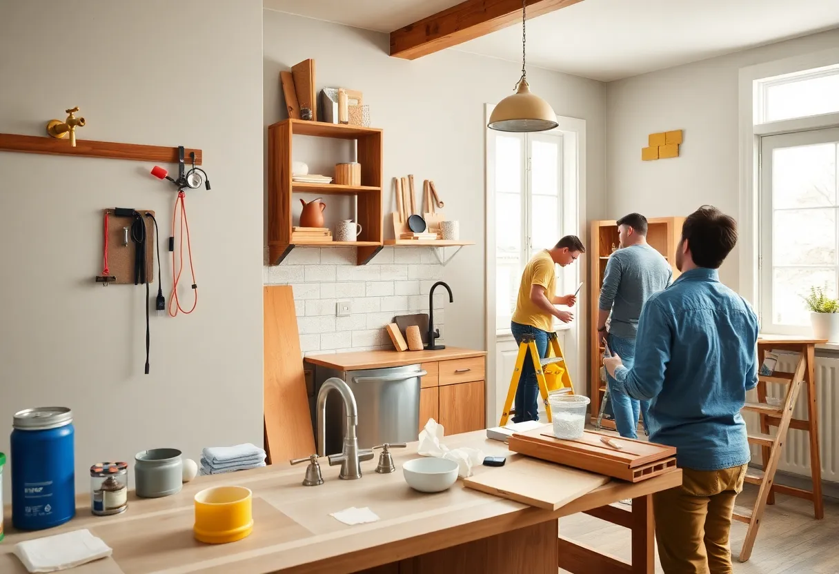 Team working on a home improvement project with various products.